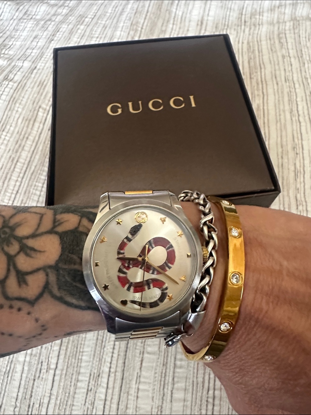 Gucci Unisex/Men's Stainless Watch with Red and Black Snake Dial